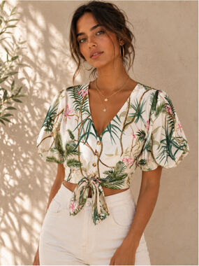 NWT U.Peach Tropical Floral Tie Front Crop Blouse Puff Sleeve M
